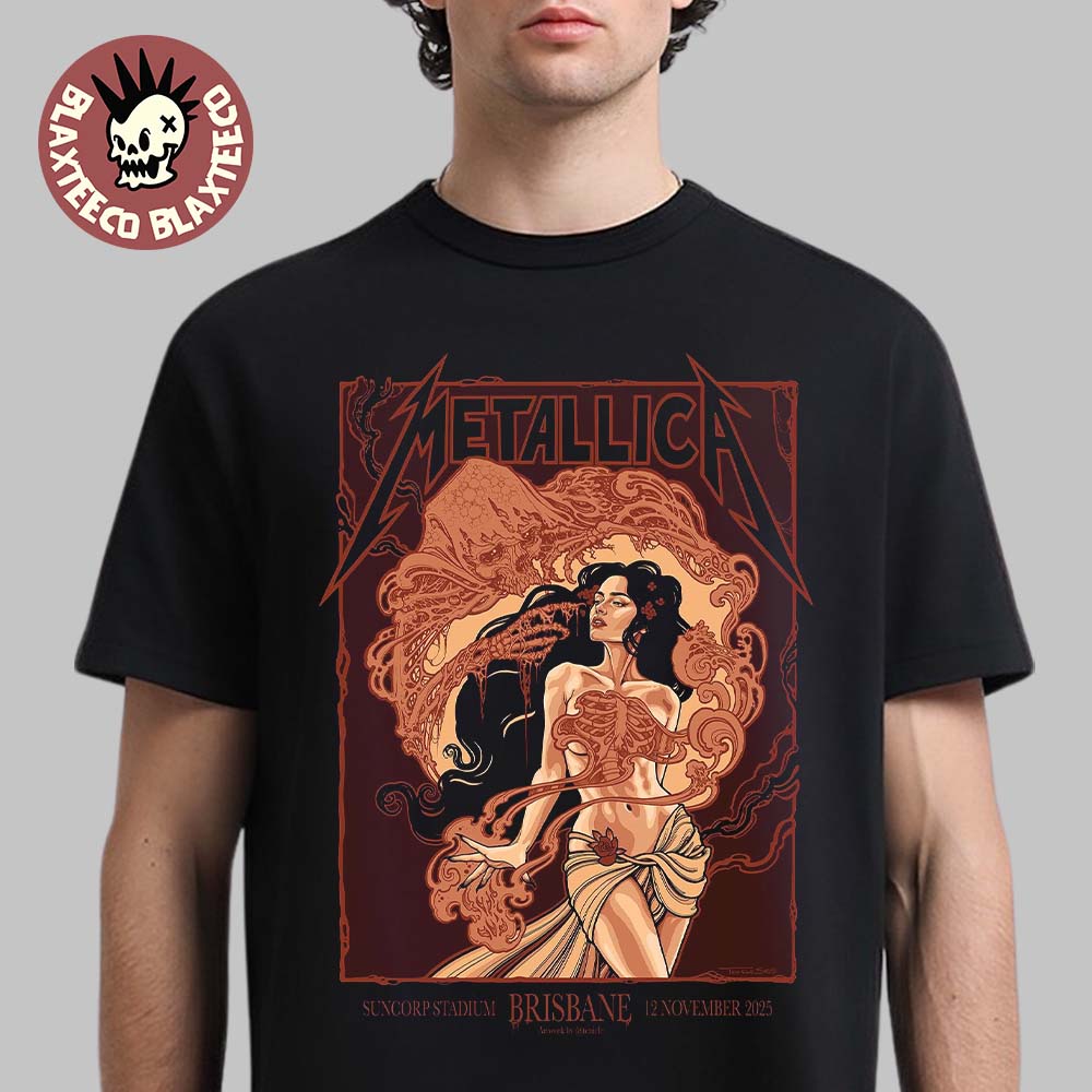 Metallica M72 Brisbane Venue Poster At Australia Suncorp Stadium On 12 November 2025 Art Nouveau The Woman With Skeletal T-Shirt
