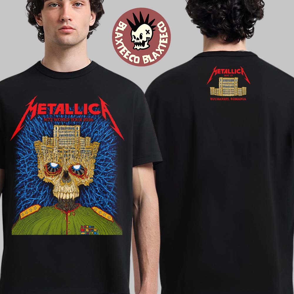 Metallica M72 Bucharest 2026 Venue Merch Tee Bucharest Romania At Arena Nationala On 13 May 2026 Palace Of Parliament Crown Skull Two Sided T-Shirt