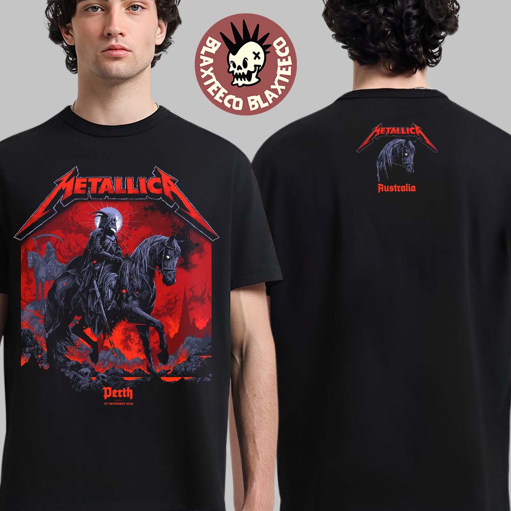 Metallica M72 Perth 2025 Pop Up Shop Event Tee By Ken Taylor For Australia At Optus Stadium On 1st November 2025 The Skeleton Knight Two Sided T-Shirt