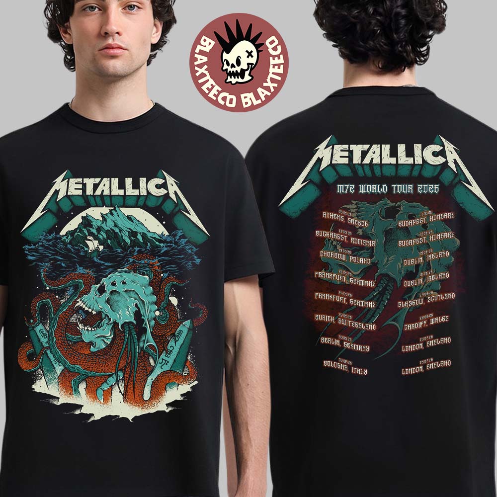 Metallica M72 World Tour 2026 Merch Kraken Skull Head With Dates Back Two Sided T-Shirt