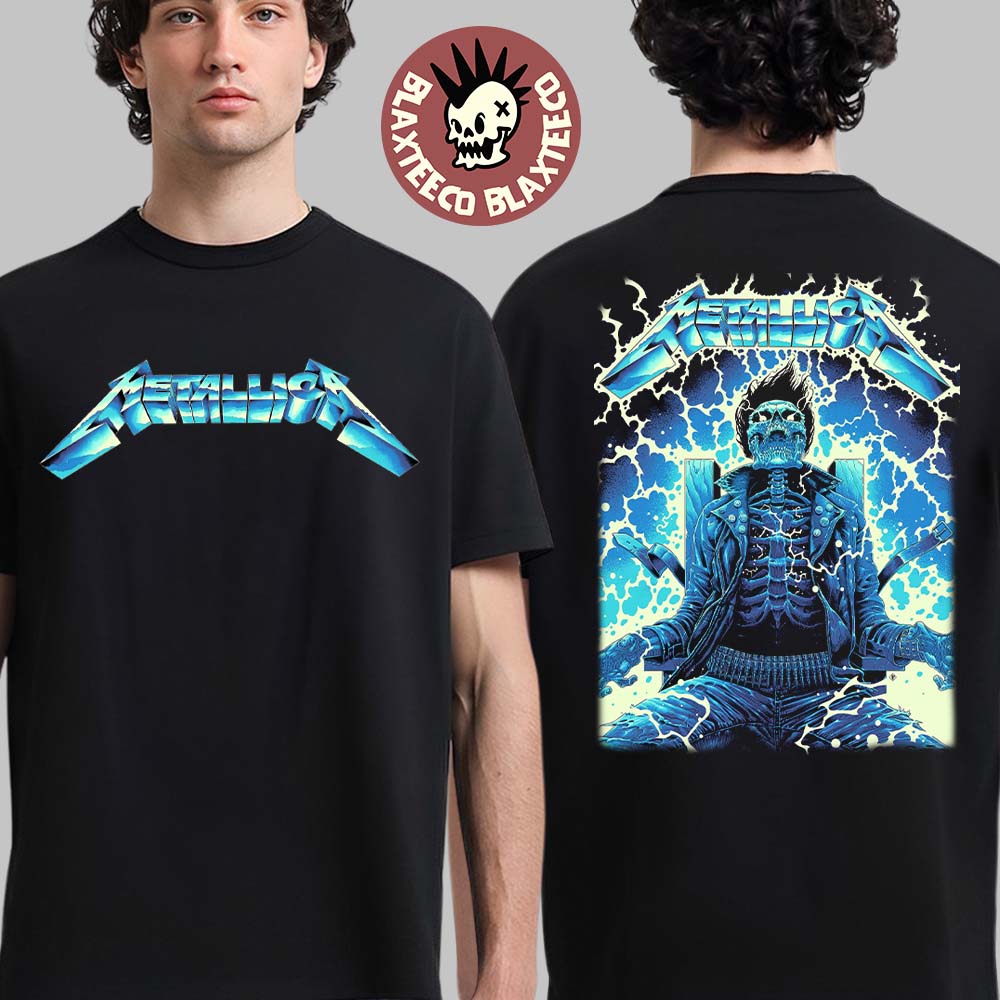 Metallica Ride The Lightning Artwork By Luke Preece Australia M72 Tour Exclusive Art Skeleton On The Electric Chair Two Sided T-Shirt