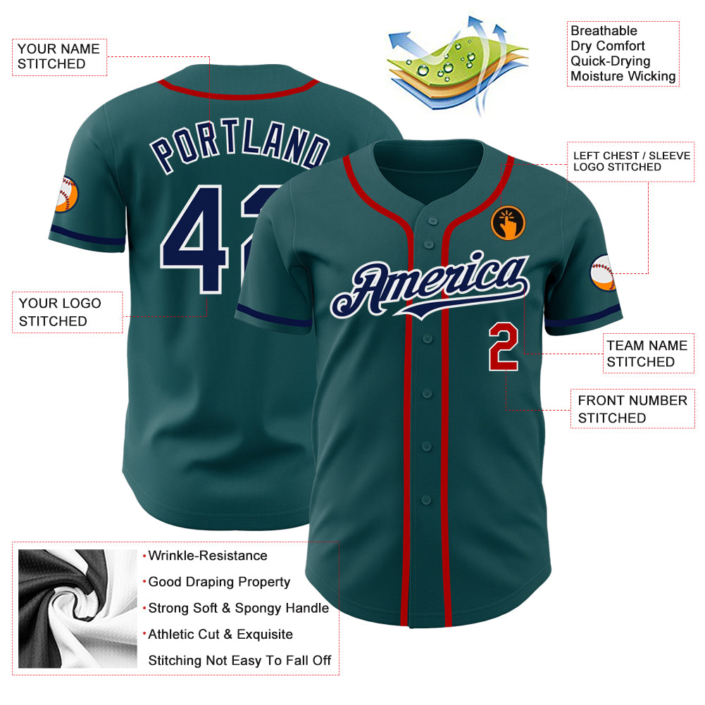Custom Midnight Green Navy-Red Authentic Baseball Jersey