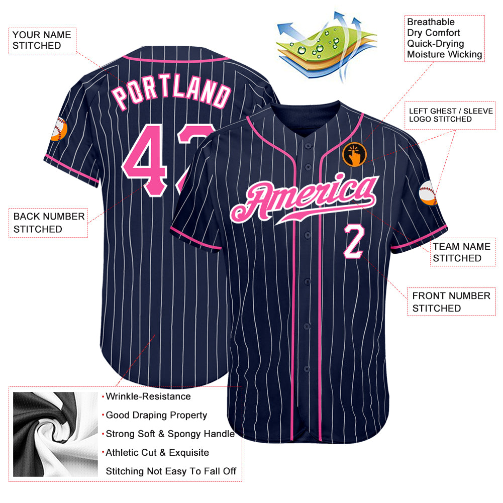 Custom Navy White Pinstripe Pink-White Authentic Baseball Jersey