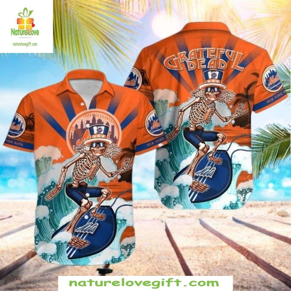 New York Mets Hawaiian Shirt Skeleton Wave Rider Aloha Baseball Apparel