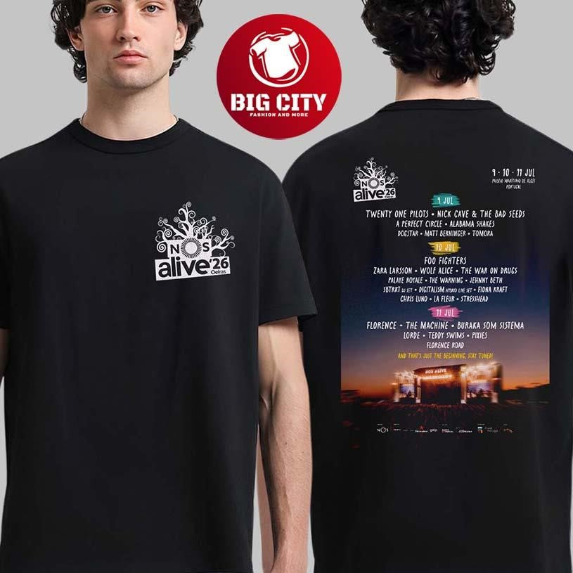 Nos Alive 2026 Festival Full Lineup In Portugal At Paseio Maritimo De Alges On 9 10 11 July 2026 Two Sided Shirt