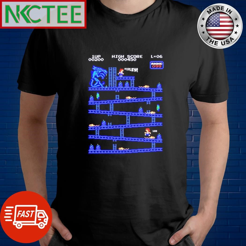 Official 1up 00200 High Score 000450 L = 06 Ammo 099 game pixel shirt