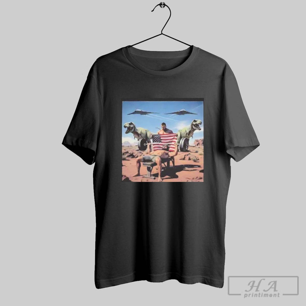 Official Jesus Weight Lifting Under Us Flag Dino Ladies Tee