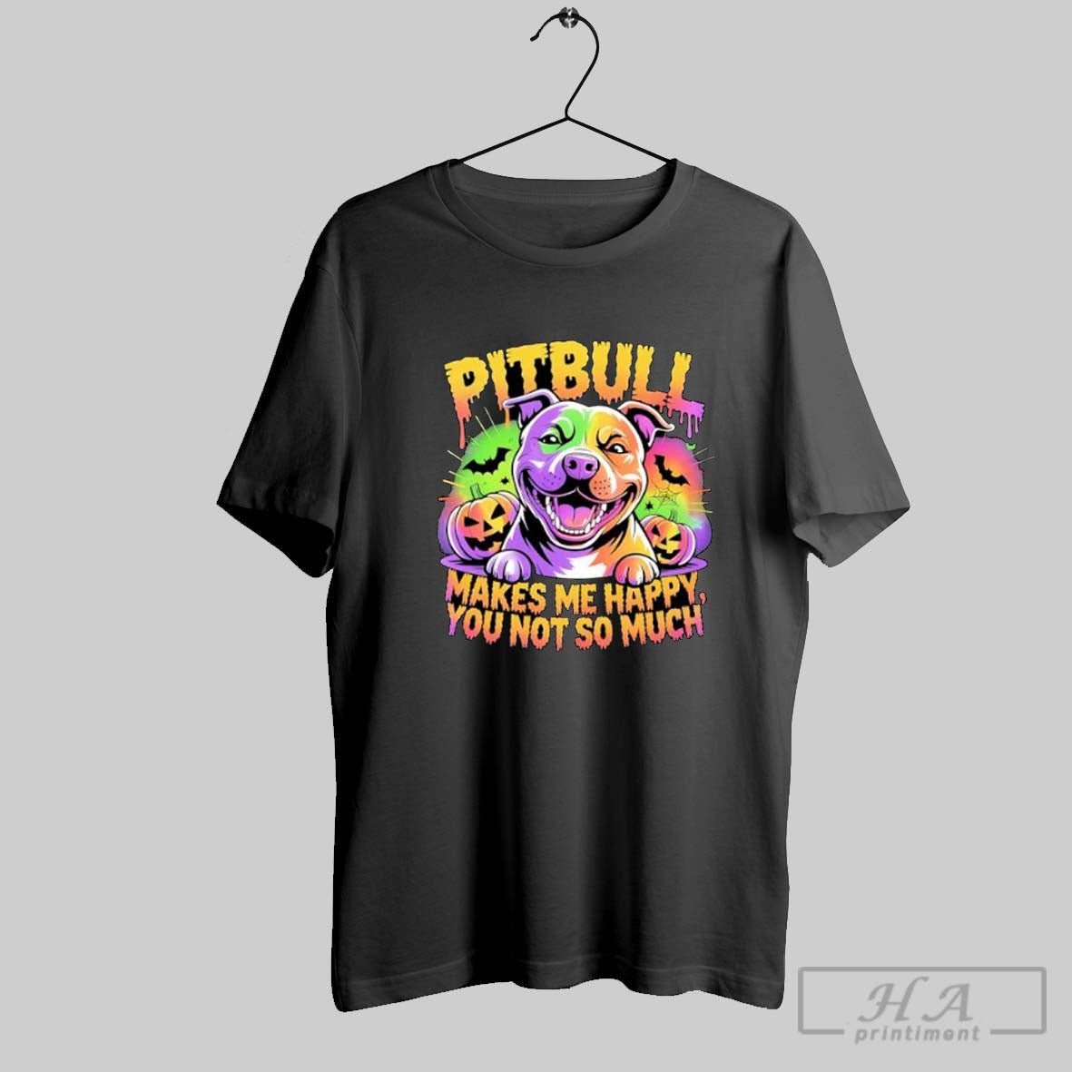 Official Pitbull Makes Me Happy You Not So Much Halloween Dog Graphic Posters Black Tee