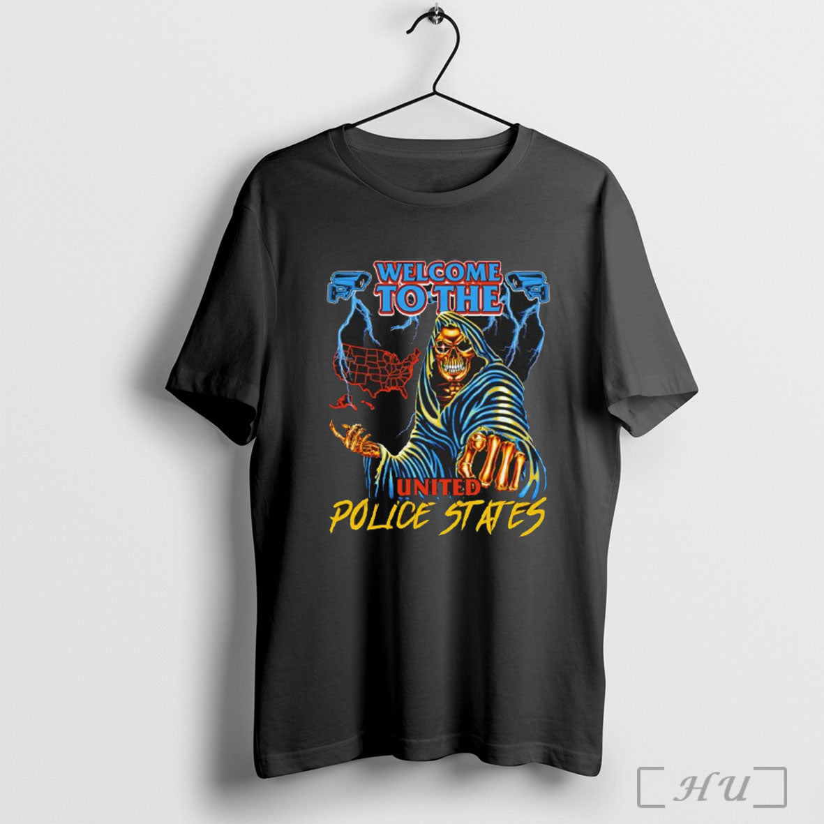 Officials Grim Reaper Welcome To The United Police States Map Surveillance Camera Lighting Graphic