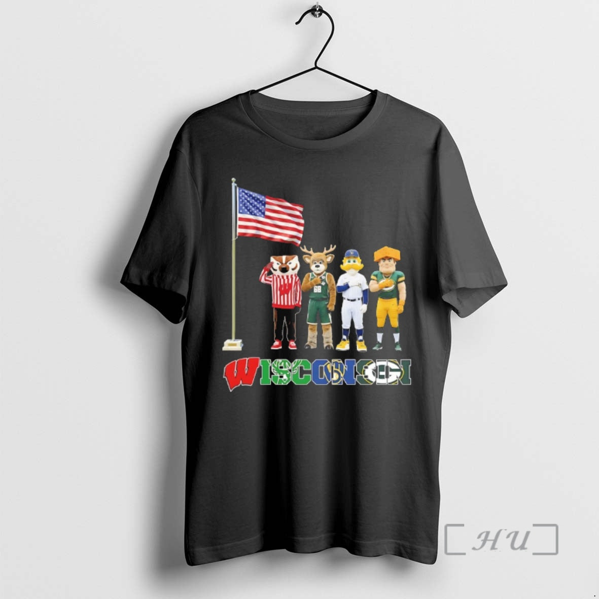 Officials Wisconsin City Sports Mascot Front Of An American Flag