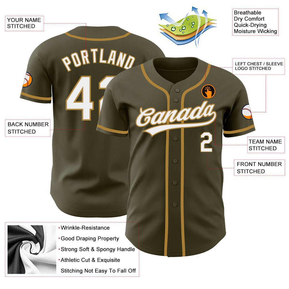 Custom Olive White-Old Gold Authentic Salute To Service Baseball Jersey