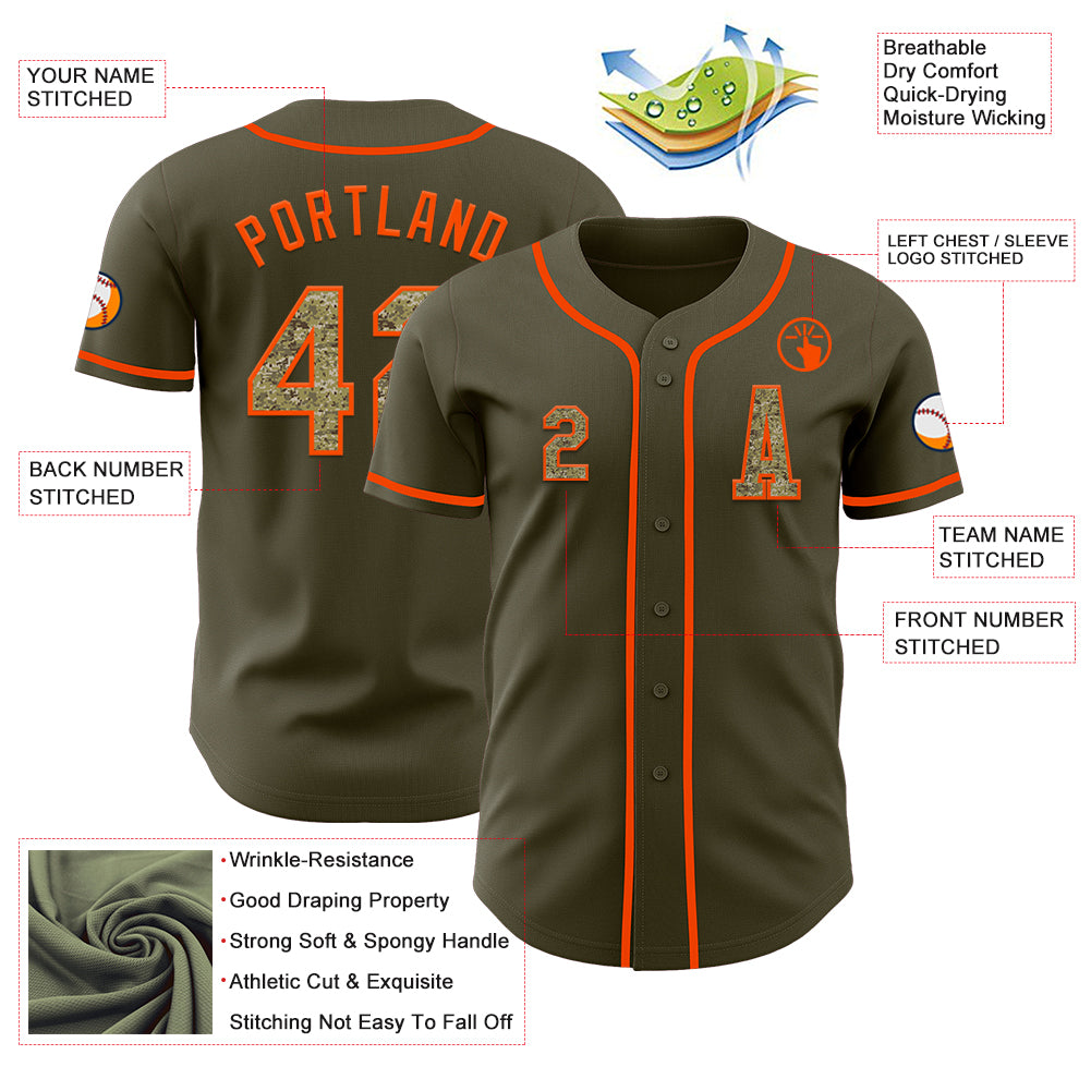 Custom Olive Camo-Orange Authentic Salute To Service Baseball Jersey