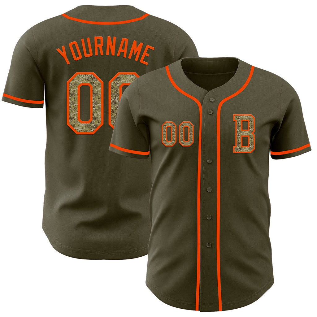 Custom Olive Camo-Orange Authentic Salute To Service Baseball Jersey