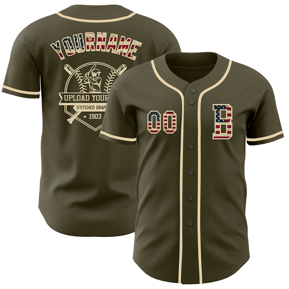 Custom Olive Vintage USA Flag-Cream Authentic Salute To Service Baseball Jersey