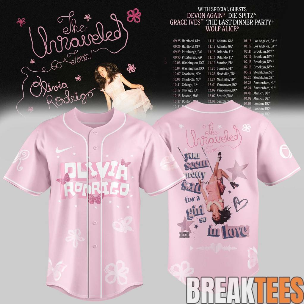 Olivia Rodrigo The Unraveled Tour 2026 Pretty Sad in Love Baseball Jersey