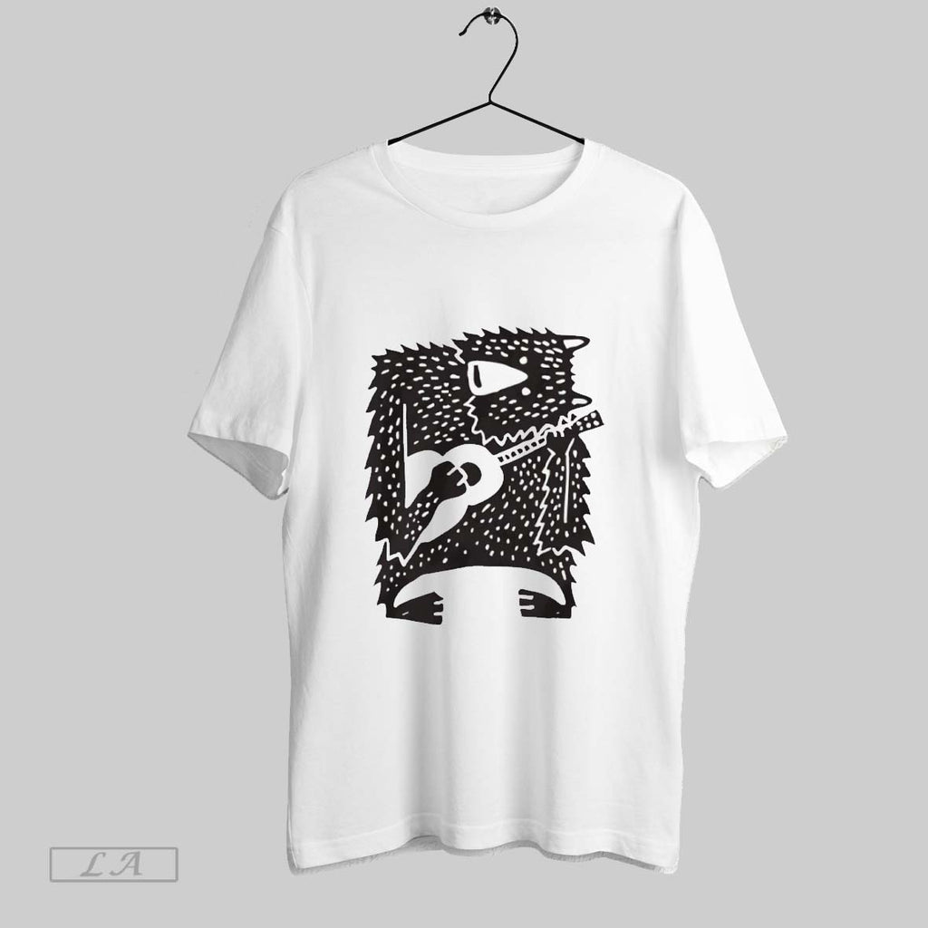 Original Bear Playing Guitar Woodcut Style