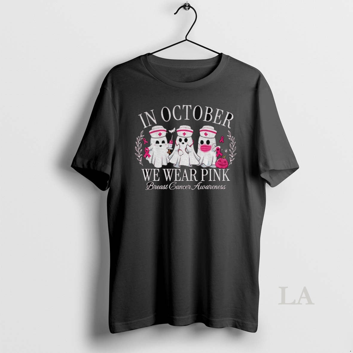Original Spooky Ghost Nurse In October We Wear Pink Breast Cancer Awareness
