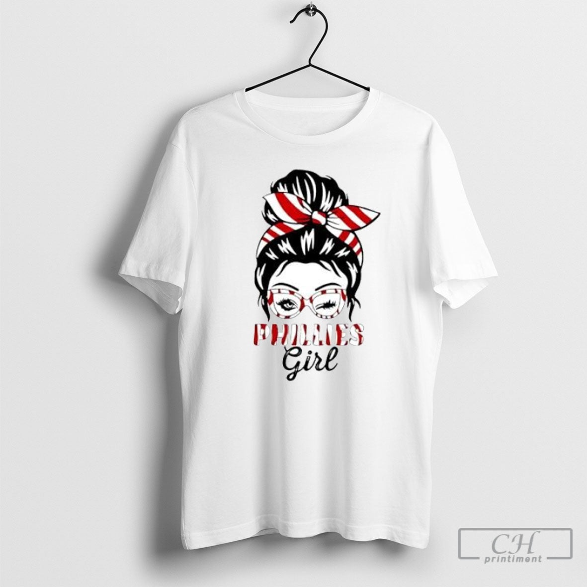 Phillies Girl Messy Bun Winking Eye Red White Striped Glasses Posters White Shirt