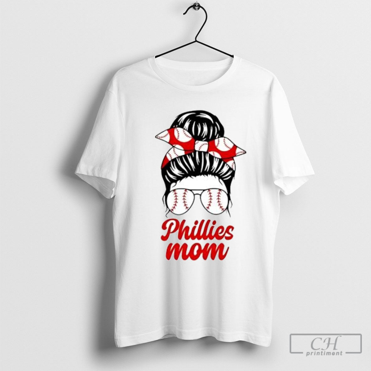 Phillies Mom Messy Bun Winking Eye Baseball Glasses Fan Posters White Shirt