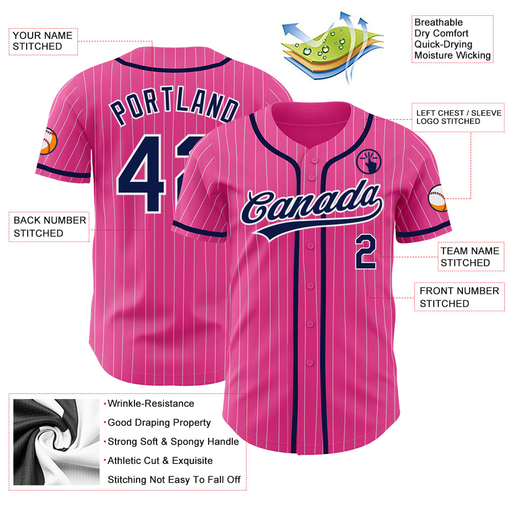 Custom Pink White Pinstripe Navy Authentic Baseball Jersey
