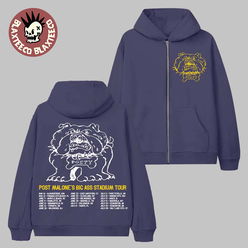 Post Malone Big Ass Stadium Tour 2026 Merch Posty Bulldog Zip Hoodie