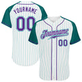 Custom White Aqua Pinstripe Purple-Aqua Authentic Raglan Sleeves Baseball Jersey