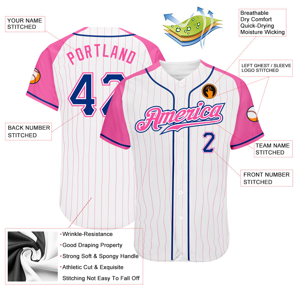Custom White Pink Pinstripe Royal-Pink Authentic Raglan Sleeves Baseball Jersey