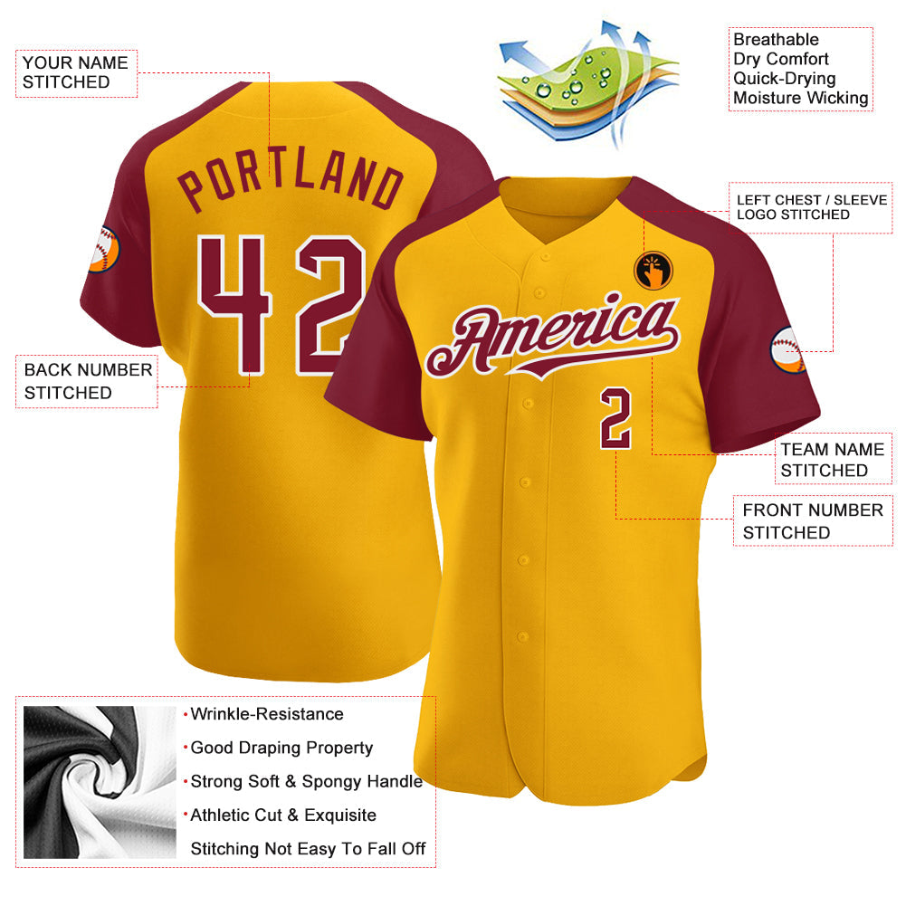 Custom Gold Crimson-White Authentic Raglan Sleeves Baseball Jersey