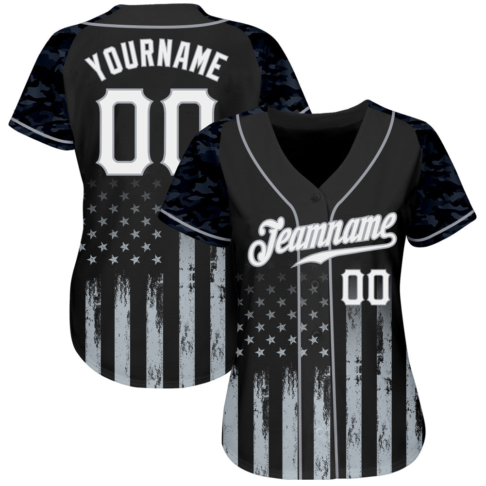 Custom Black White-Gray Camo Raglan Sleeves American Flag Patriotic Authentic Baseball Jersey