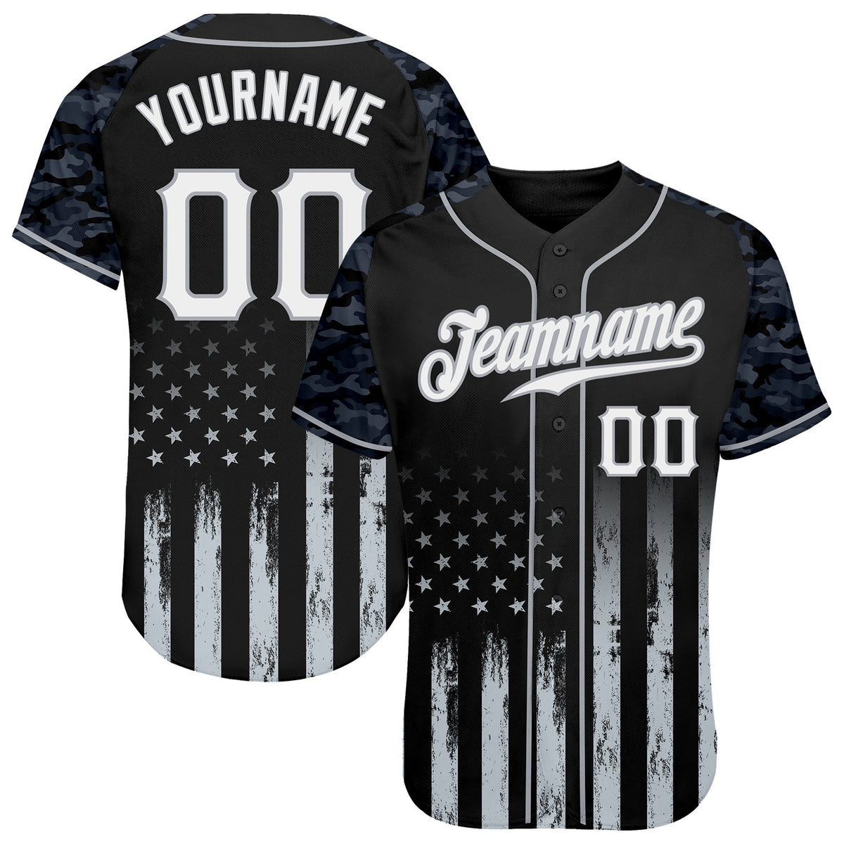 Custom Black White-Gray Camo Raglan Sleeves American Flag Patriotic Authentic Baseball Jersey