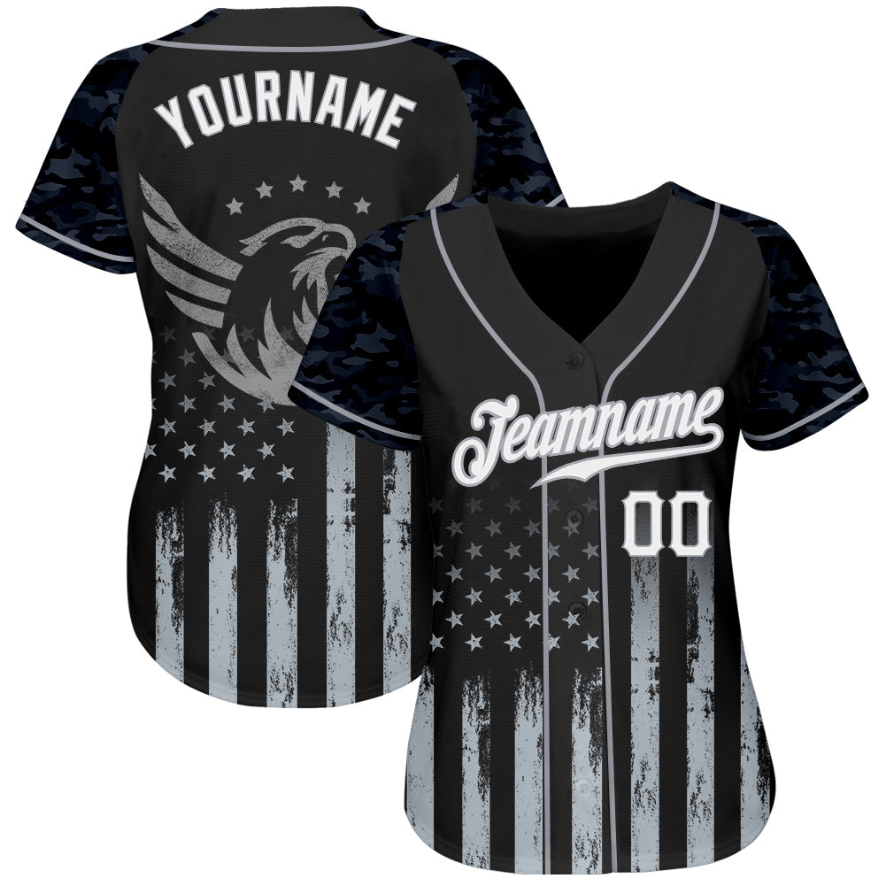 Custom Black White-Gray Camo Raglan Sleeves American Flag Eagle Patriotic Authentic Baseball Jersey