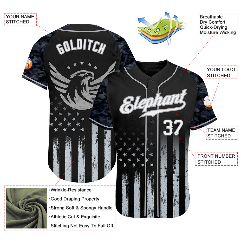 Custom Black White-Gray Camo Raglan Sleeves American Flag Eagle Patriotic Authentic Baseball Jersey