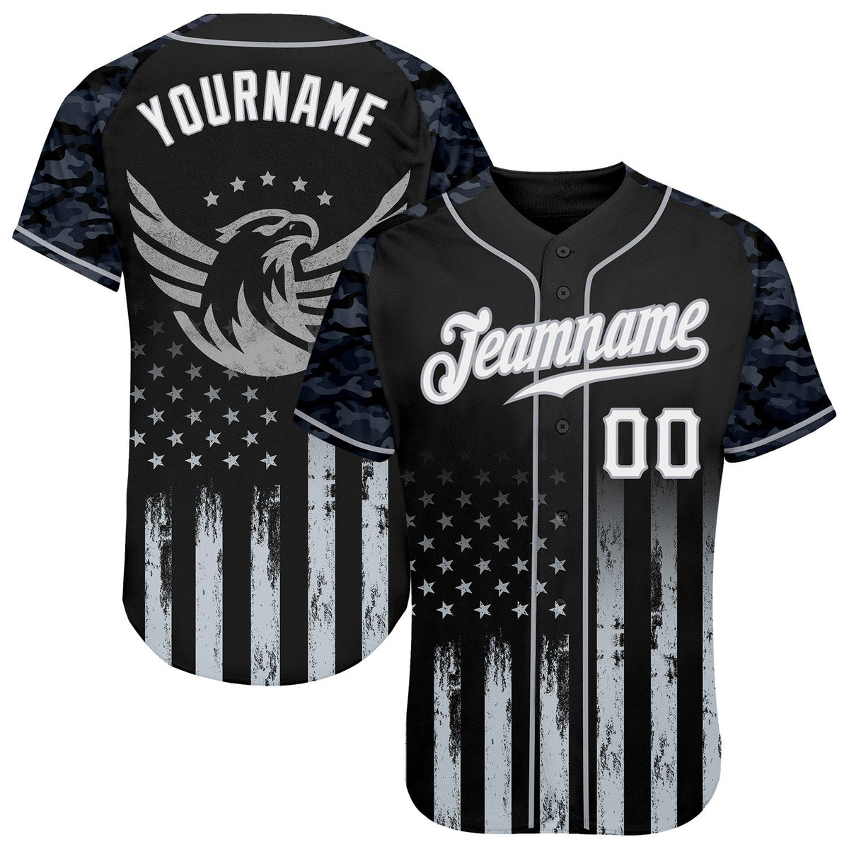 Custom Black White-Gray Camo Raglan Sleeves American Flag Eagle Patriotic Authentic Baseball Jersey