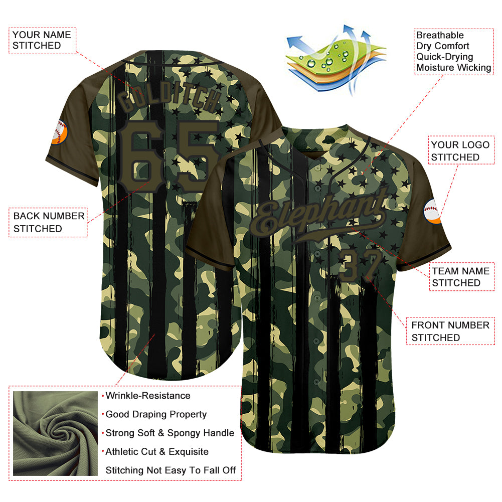 Custom Camo Olive-Black Distressed American Flag Patriotic Raglan Sleeves Authentic Baseball Jersey
