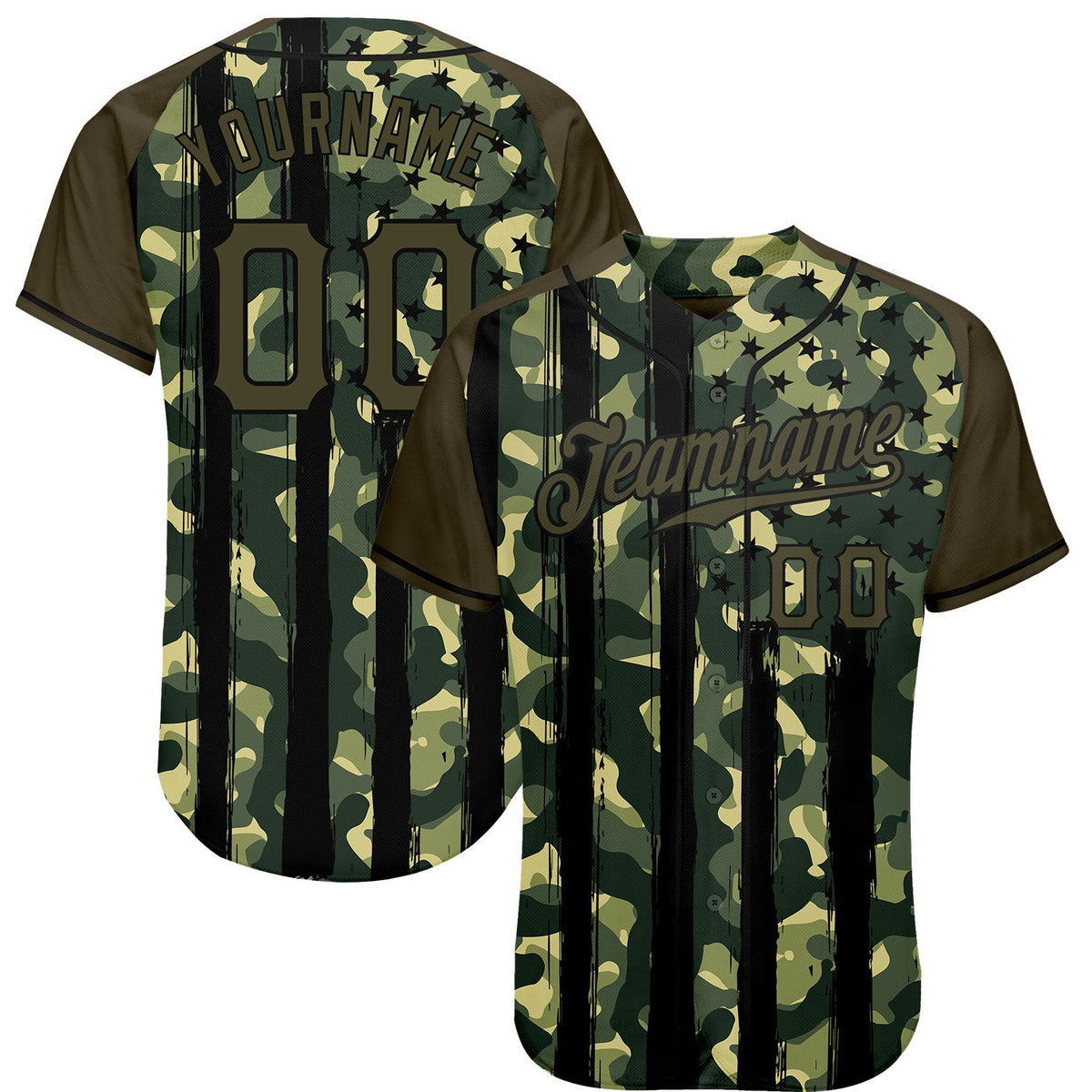 Custom Camo Olive-Black Distressed American Flag Patriotic Raglan Sleeves Authentic Baseball Jersey