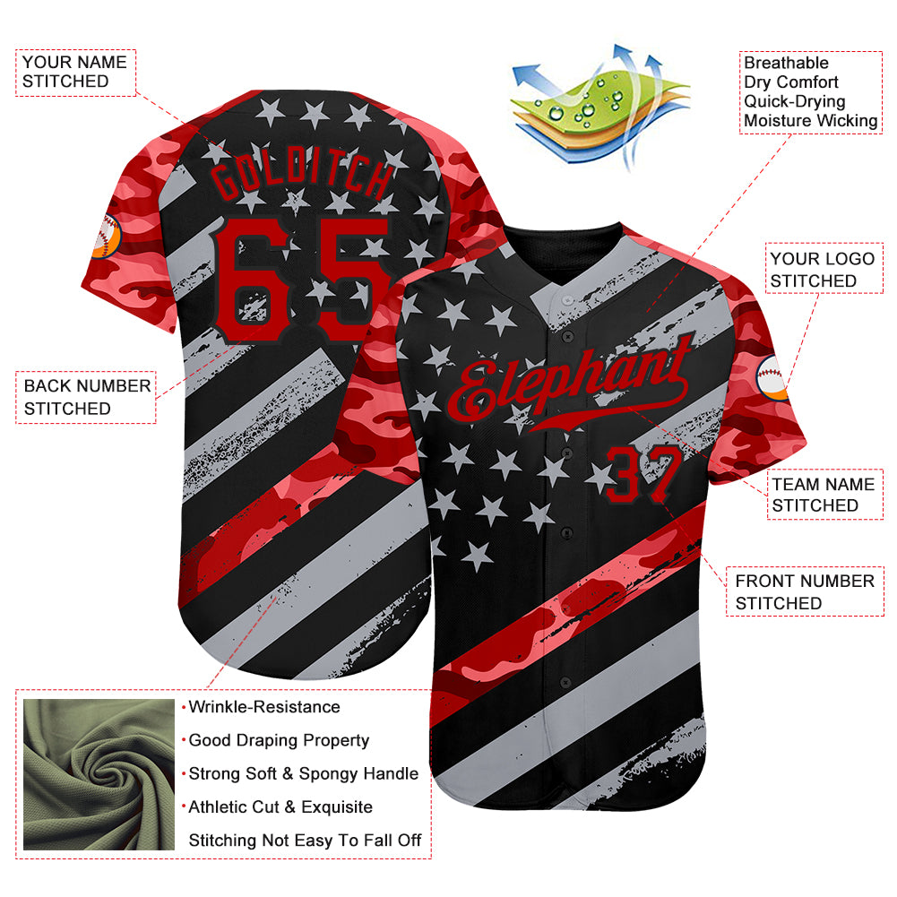 Custom Black Red American Flag Patriotic Camo Raglan Sleeves Authentic Baseball Jersey