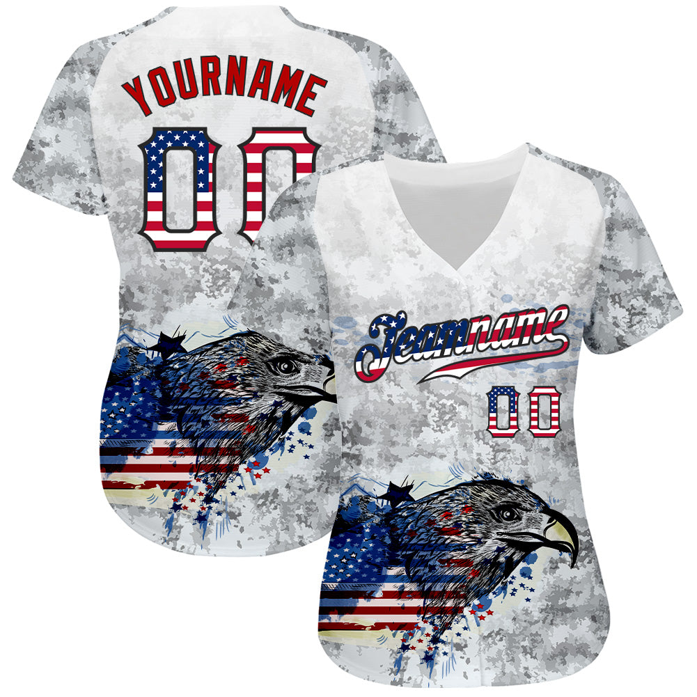 Custom White USA Flag Red-Black Bald Eagle Patriotic Grunge Camo Raglan Sleeves Authentic Baseball Jersey