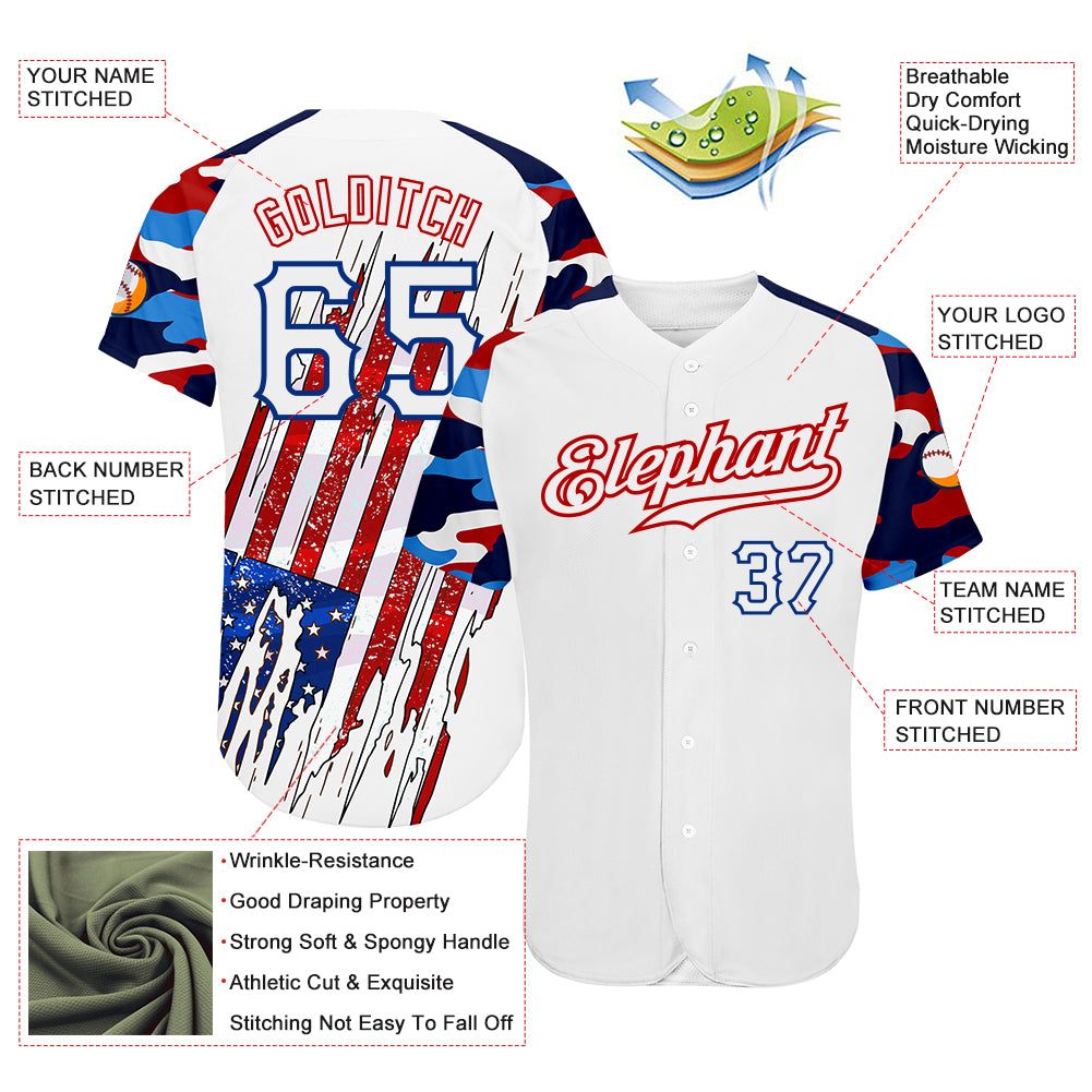Custom White Red-Royal Patriotic American Flag Camo Raglan Sleeves Authentic Baseball Jersey