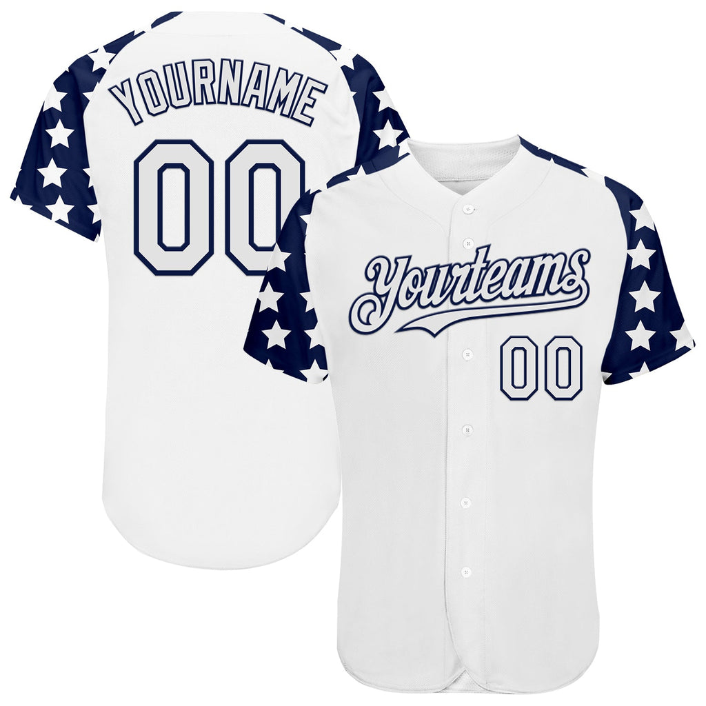 Custom White Navy Star Raglan Sleeves Authentic Baseball Jersey