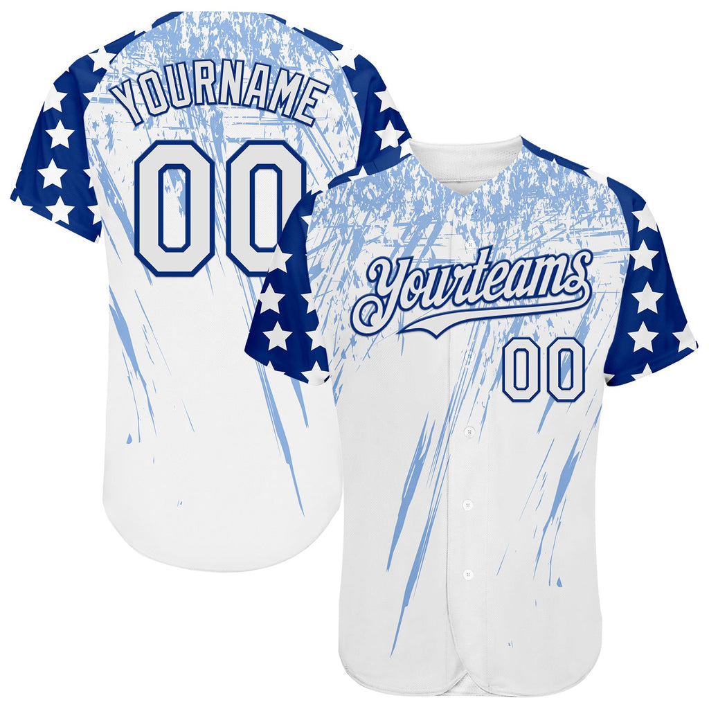 Custom White Royal-Light Blue Splatter Brush Stroke Star Raglan Sleeves Authentic Baseball Jersey