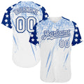 Custom White Royal-Light Blue Splatter Brush Stroke Star Raglan Sleeves Authentic Baseball Jersey