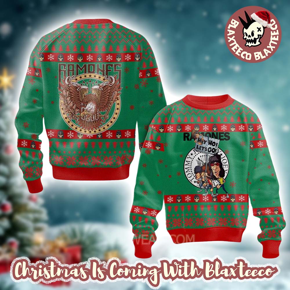 Ramones Hey Ho Let’s Go Funny Holiday Eagle Knitted Green And Red Ugly Christmas Sweater