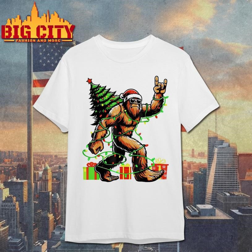Santa Bigfoot Christmas Tree Xmas Lights Shirt