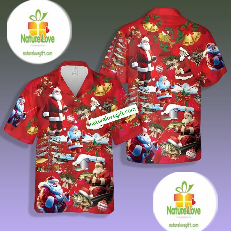 Santa Claus Fishing Red Vintage Hawaiian Shirts