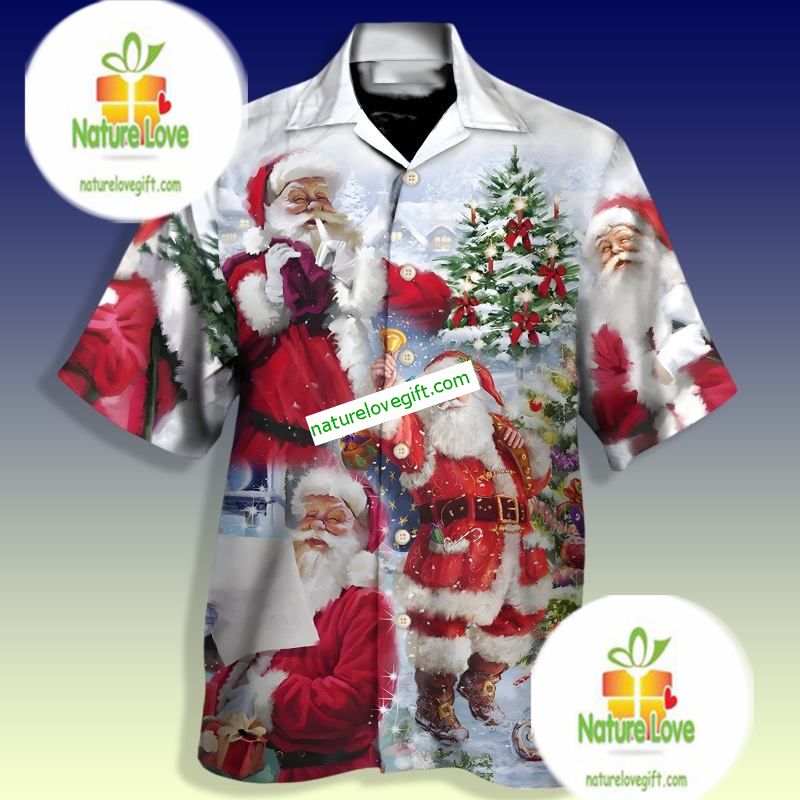 Santa Claus Holding Christmas Bells Grey Cotton Hawaiian Shirts