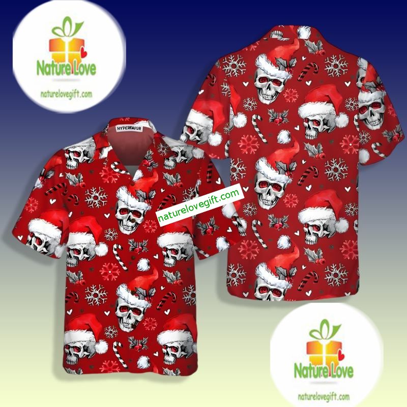 Santa Claus Skulls With Candy Canes Red Hawaiian Shirts Nearby