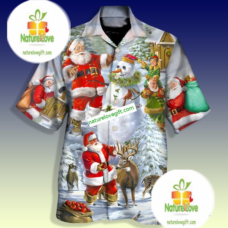 Santa Claus Snowman Elf Happy Xmas Grey Tacky Hawaiian Shirt
