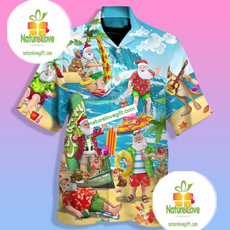Santa Claus Surfing Christmas In July Blue Summer Hawaiian Shirts