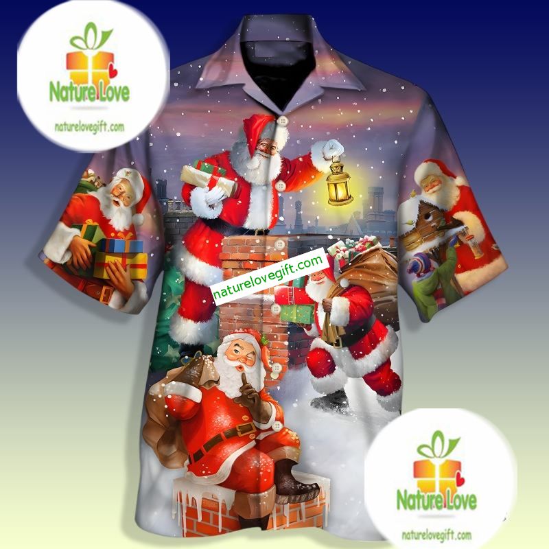 Santa Claus Throwing Gifts Down The Chimney Purrple Long Sleeve Hawaiian Shirt