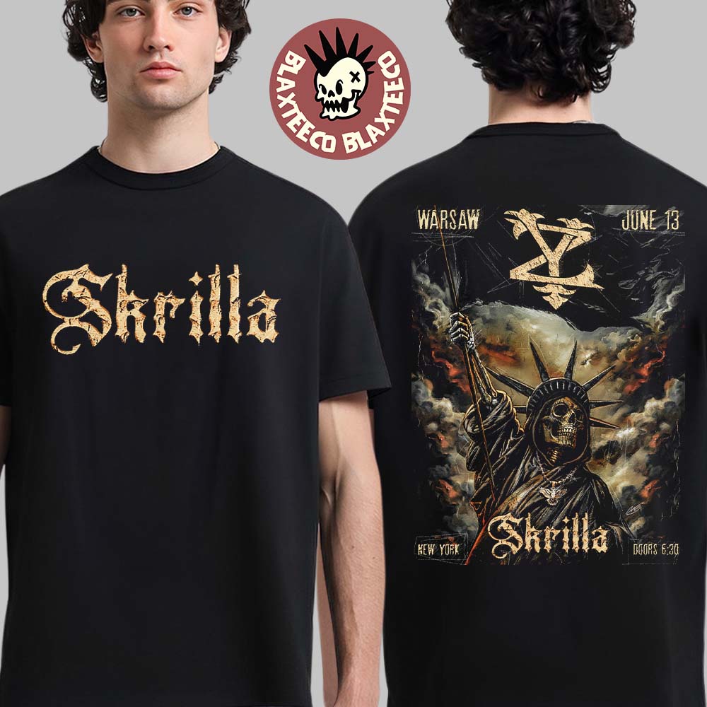 Skrilla Warsaw New York 2026 Venue Poster On June 13 2026 Skeleton Statue of Liberty Art Two Sided T-Shirt